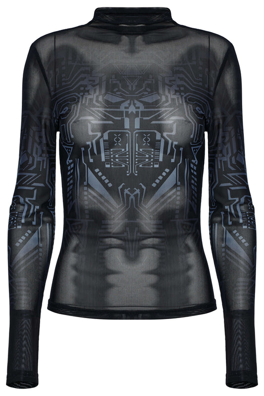 Punk Rave Eluana Cybergoth Print Mesh Long Sleeve Top
