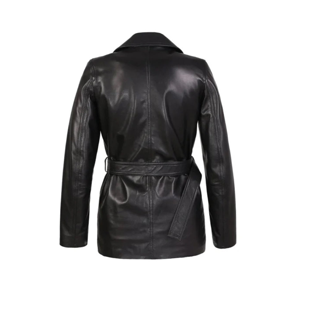 Women's Double-Breasted Leather Trench Coat, Belted Waist | Black