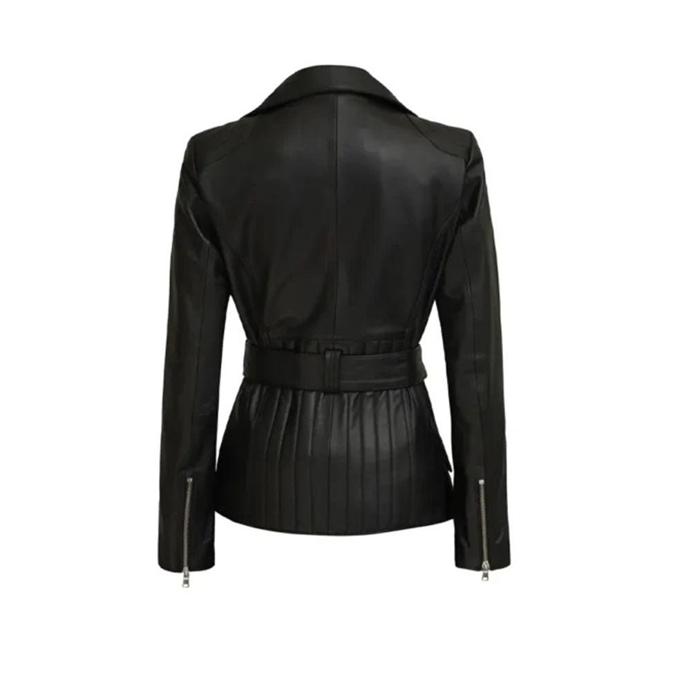 Women's Café Racer Leather Jacket, Belted Waist, Black, Asymmetrical Zip | Black