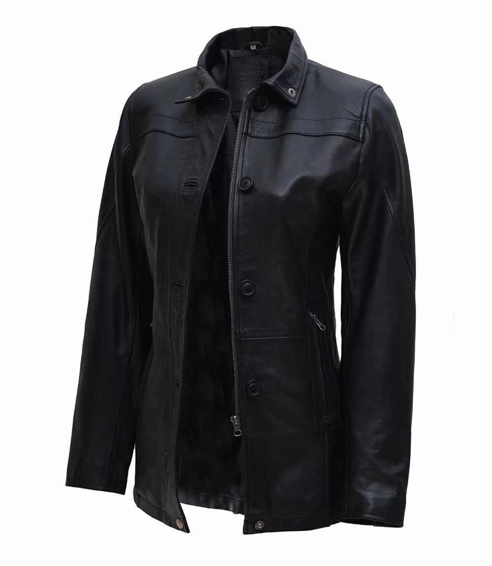 Women's 3/4 Length Button + Zipper Closure Leather Coat | Black
