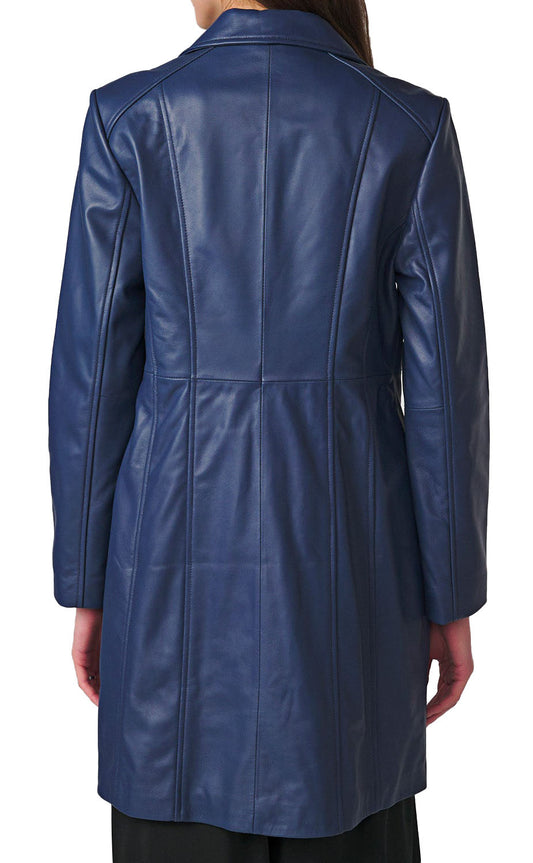 Women's Real Long Leather Trench Coat | Blue