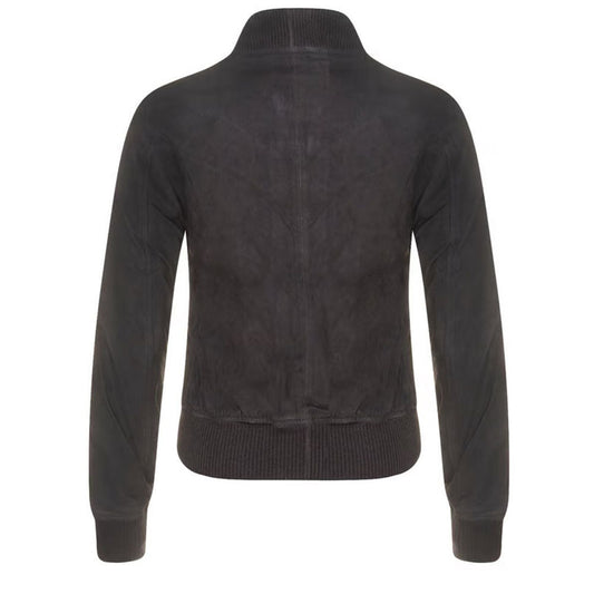 Women's Suede Bomber Leather Jacket, Zip Front, Ribbed Cuffs and Hem | Black