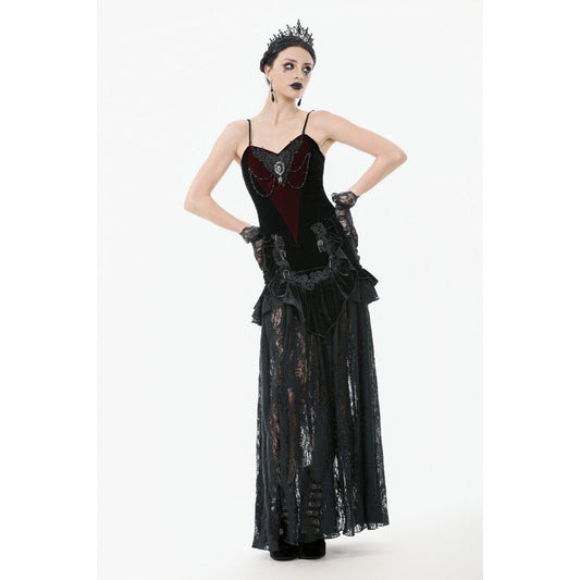 Dark in Love Gothic Lace Velvet Layered Maxi Skirt in Black