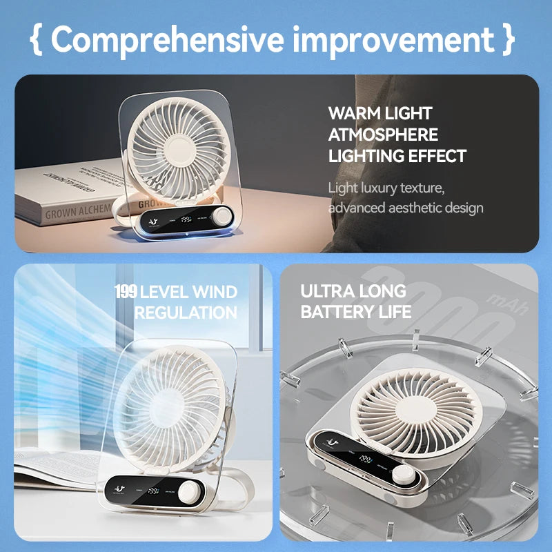 Portable Desk Fan USB Rechargeable 180° Tilt Folding Desktop Fan With LED Display 199 Gear Wind Adjustment Ultra Quiet Table Fan