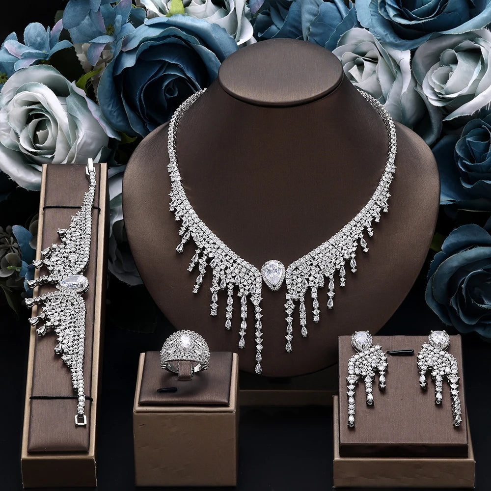 Dubai Luxury 4 Piece Zirconia Luxury CZ Crystal Wedding Jewelry Set