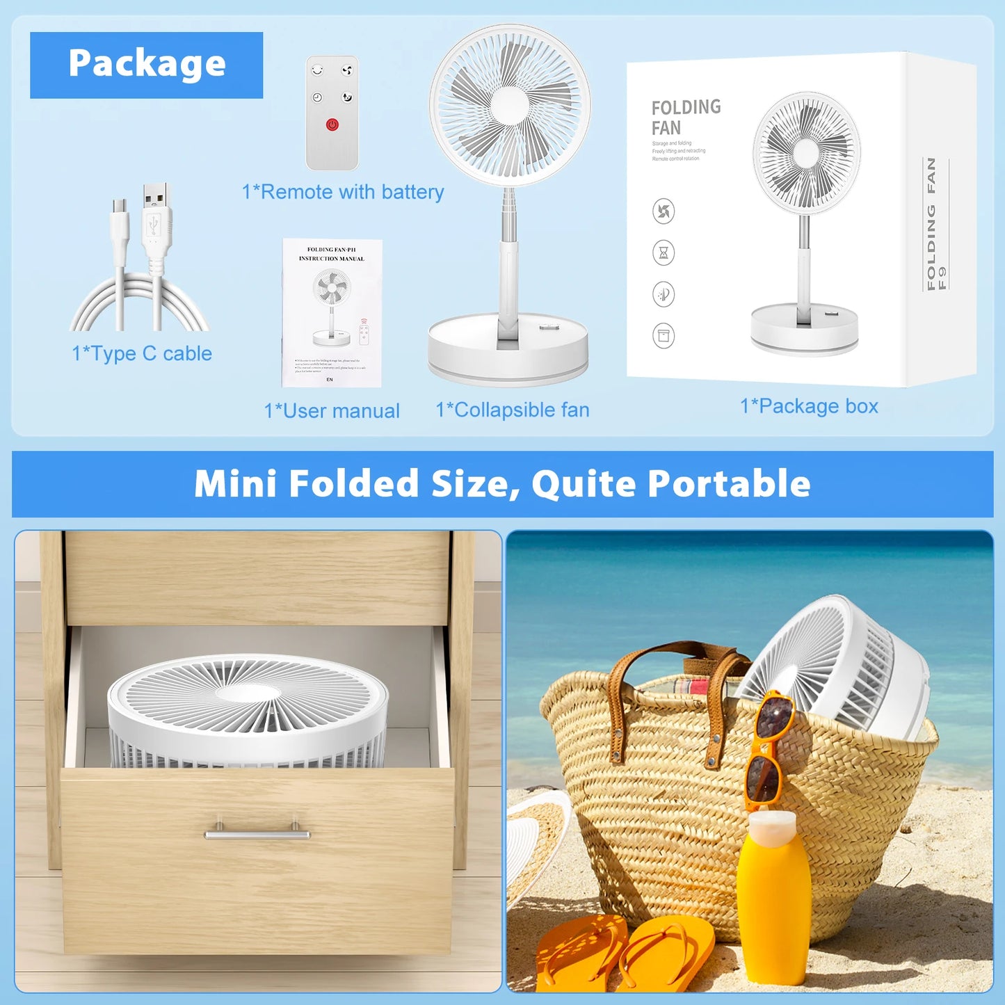 7200mAh USB Rechargeable Fan 4 Speed Adjustable Cooling Fan Portable Foldable Telescopic Silent Standing Fan with Remote Control