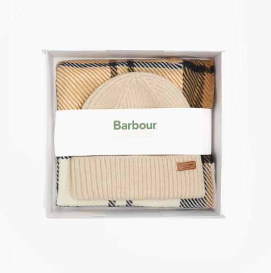 Barbour PENDLE BEANIE & BLAIR SCARF Gift Set Womens Hessian Navy