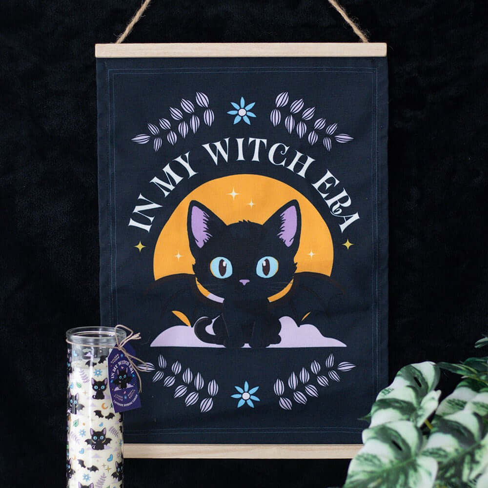 Gothic GiftsIn My Witch Era Bat Cat Fabric Wall Hanging