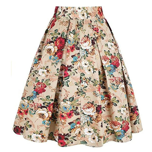 Summer French Style Women Short Vintage Pleated High Waist Floral Print Jupe Longo Elegant Ladies Office 50s Midi Tunic Skirts