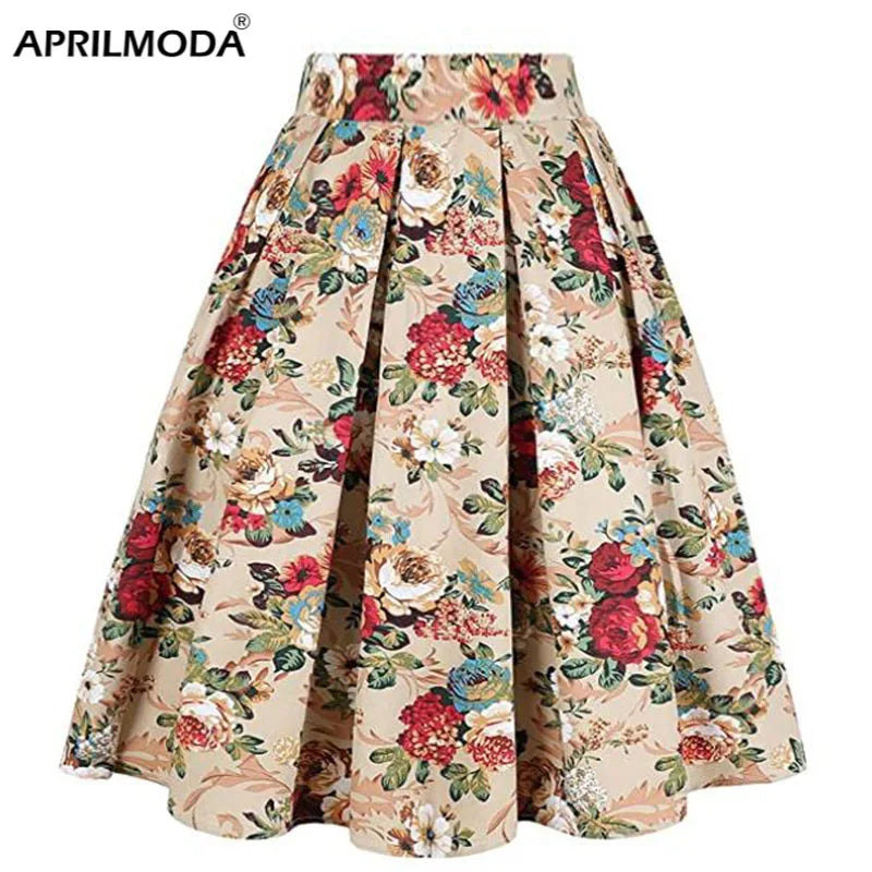 Summer French Style Women Short Vintage Pleated High Waist Floral Print Jupe Longo Elegant Ladies Office 50s Midi Tunic Skirts