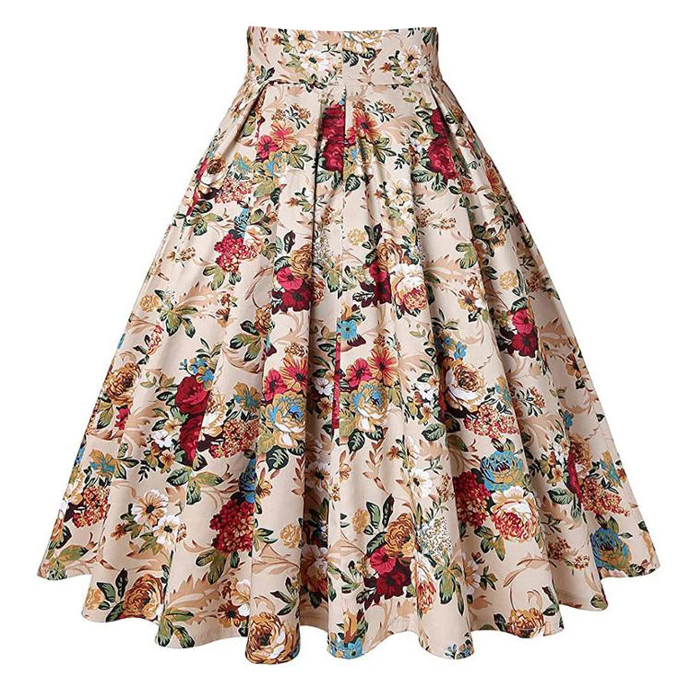 Summer French Style Women Short Vintage Pleated High Waist Floral Print Jupe Longo Elegant Ladies Office 50s Midi Tunic Skirts