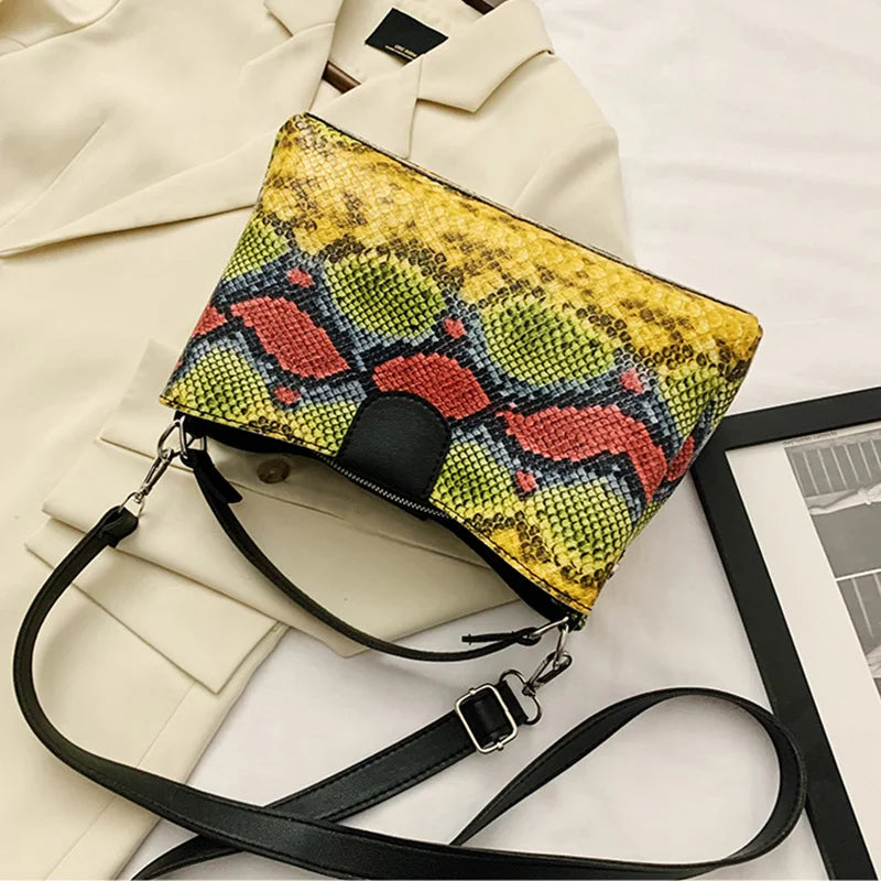 Women Fashion Snake Print Handbags Purse Vintage PU Leather Crossbody Bags Female Serpentine Casual Large Messenger Shoulder Bag