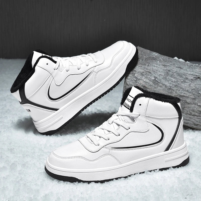 Winter Men's High-Top Flat Fashion Leather Sneakers Skateboard Shoes Men Plush Skateboarding Shoes Mid Unisex Big Size 47 48