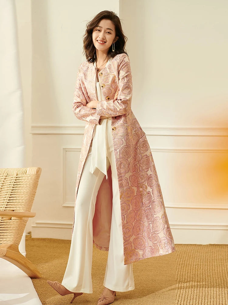 Women Long Trench Coat Floral Jacquard Button Overcoat Elegant Jackets