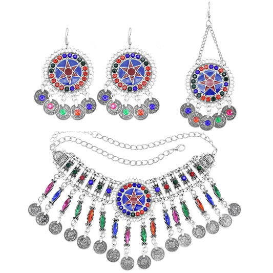 Vintage Color Rhinestone Coin Necklace Earrings for Women Ethnic Tribal Hair Clip Afghan Turkish Gypsy Statement Jewelry Sets