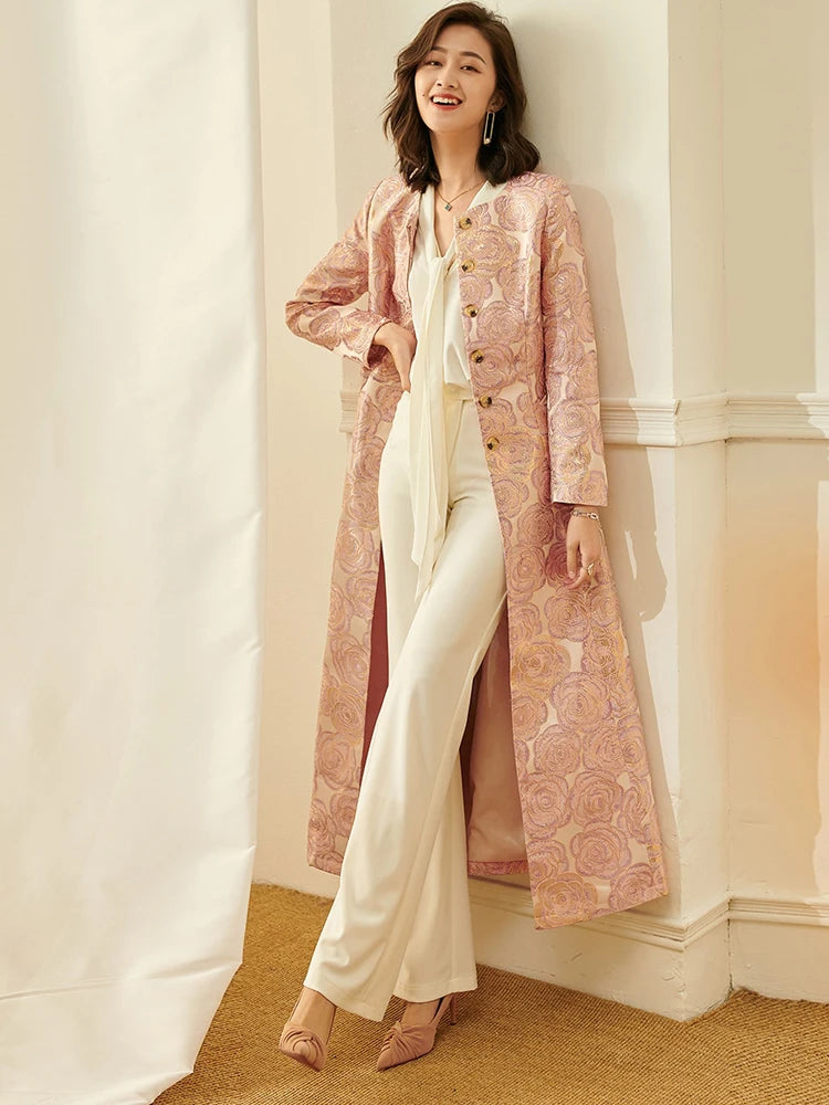 Women Long Trench Coat Floral Jacquard Button Overcoat Elegant Jackets