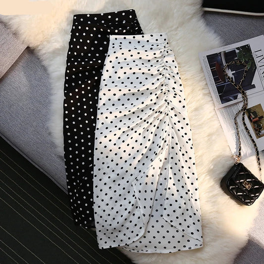 Autumn winter long skirts women elastic high waist drawstring split polka dot skirt ladies fashion Shirring bodycon pencil skirt