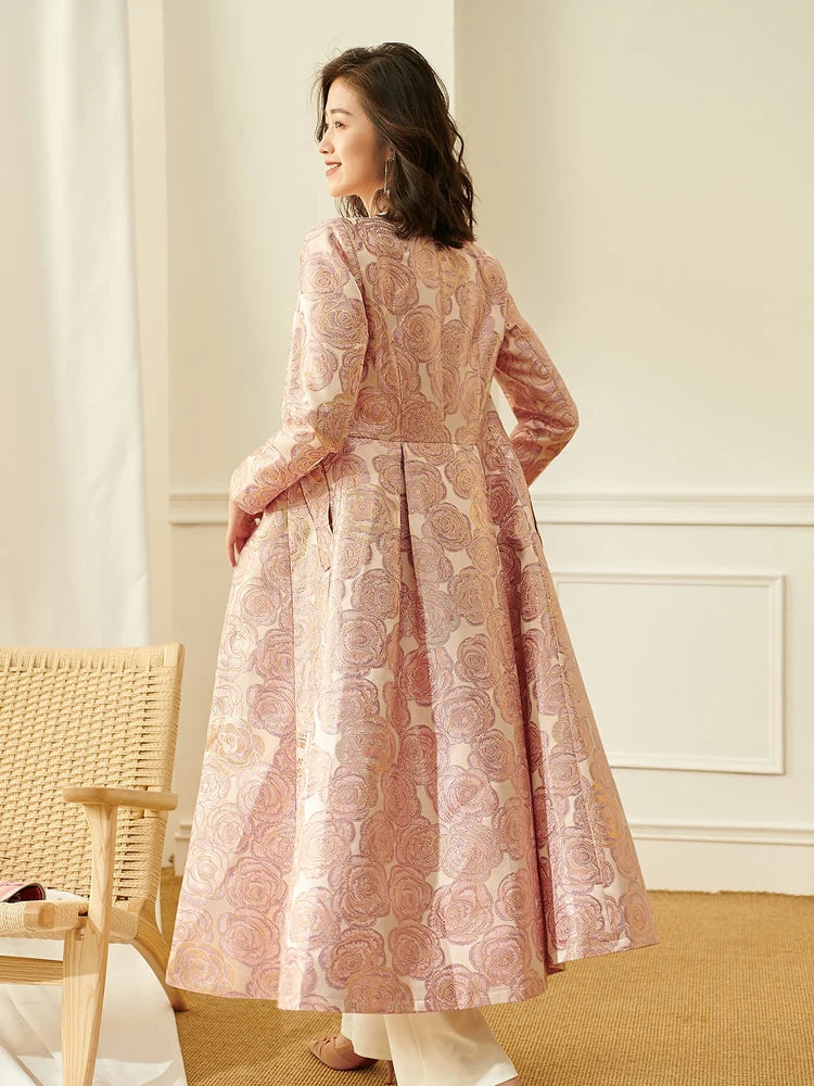 Women Long Trench Coat Floral Jacquard Button Overcoat Elegant Jackets
