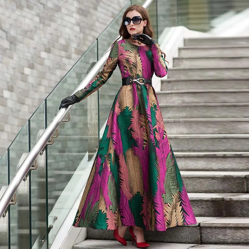 DEVCHATA Women Long Sleeve Maxi Jacquard Dress Floral New Autumn Winter Woman Clothing Elegant Leaf Party Dress for Women