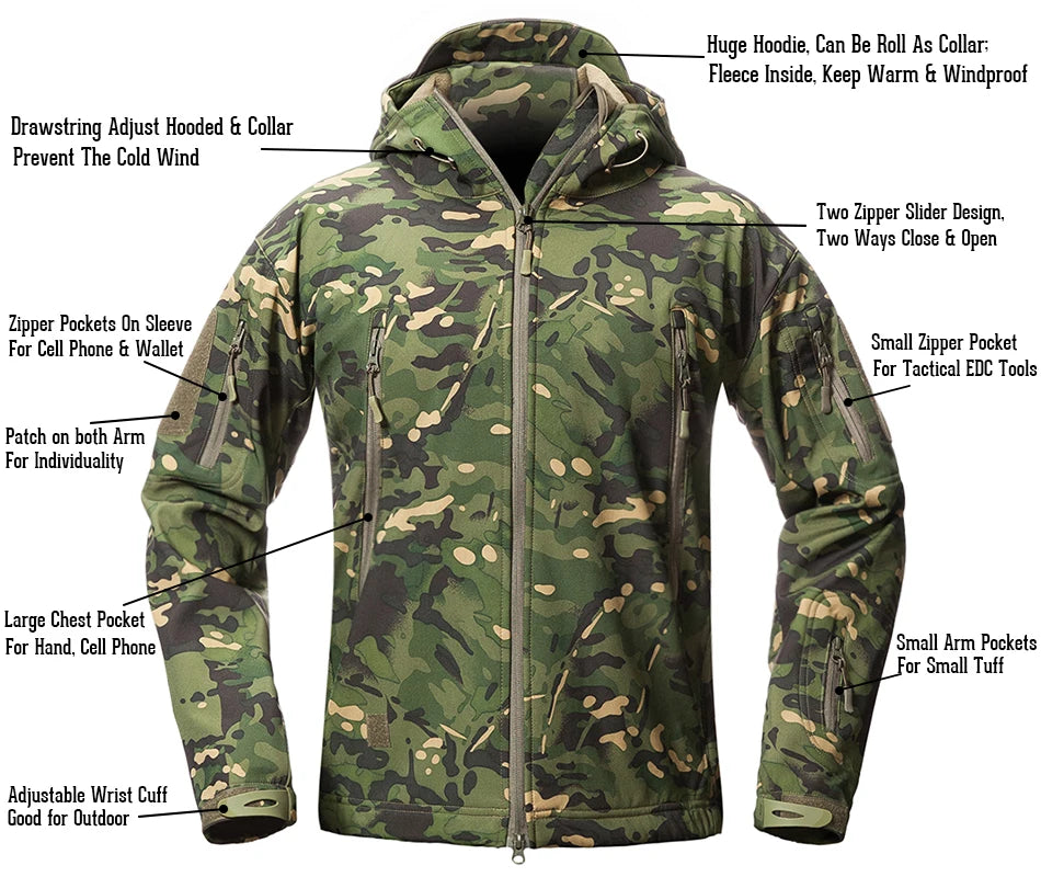 Men's Soft Shell Camouflage Tactical Jacket Men Waterproof Fleece Lined Coat Hooded Outdoor Hiking Hunting Clothes