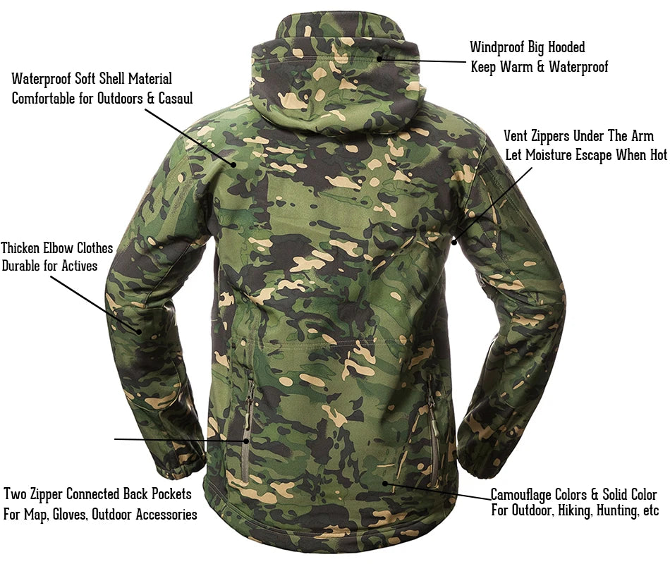 Men's Soft Shell Camouflage Tactical Jacket Men Waterproof Fleece Lined Coat Hooded Outdoor Hiking Hunting Clothes