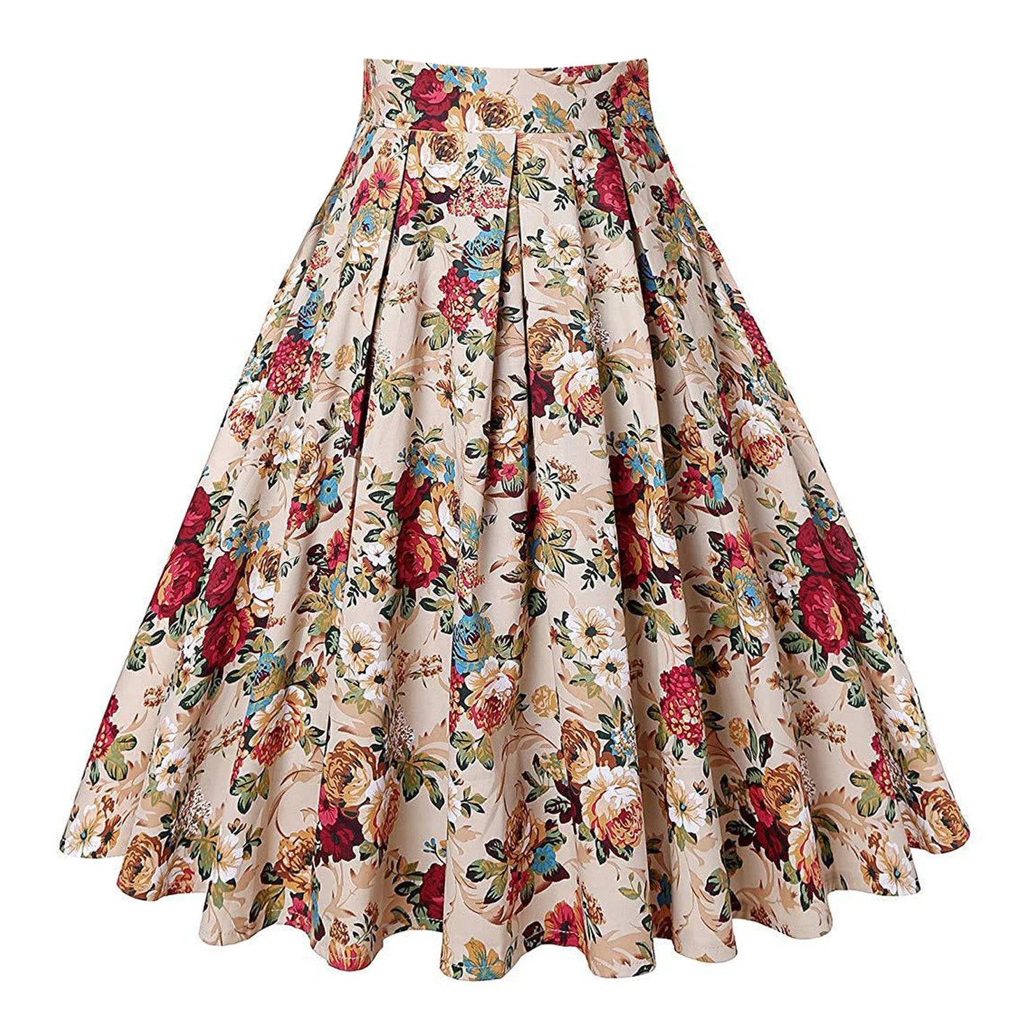 Summer French Style Women Short Vintage Pleated High Waist Floral Print Jupe Longo Elegant Ladies Office 50s Midi Tunic Skirts