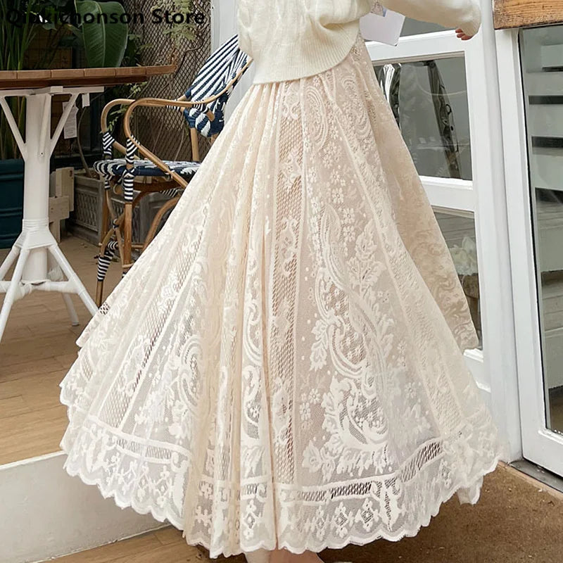 Long Maxi Skirts For Women Spring Summer Korean Cute Princess Style Elastic High Waisted A-Line Floral Lace Skirt White Black