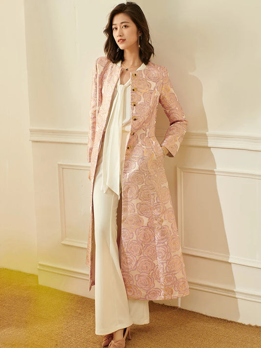 Women Long Trench Coat Floral Jacquard Button Overcoat Elegant Jackets