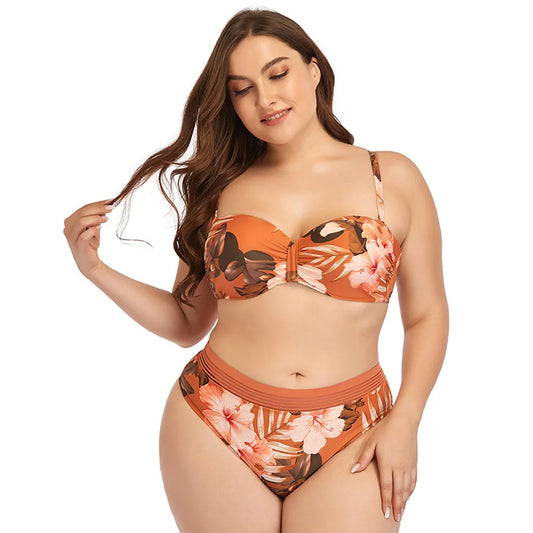 2025 New Plus Size Swimsuit Strap Retro Bikini Floral Print Split High Waist Swimsuit Bathing Suits 2 Pieces Bikini