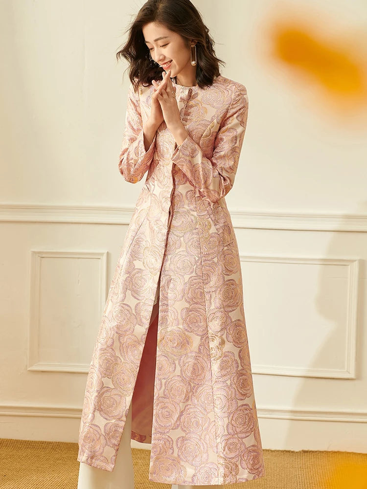 Women Long Trench Coat Floral Jacquard Button Overcoat Elegant Jackets
