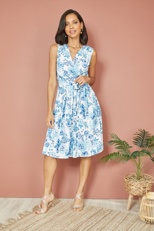 Yumi Blue Floral Wrap Over Skater Dress