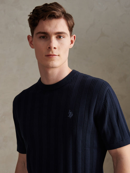 Mens Vertical Texture Knit T-Shirt Dark Sapphire Navy / Moonlight Blue DHM