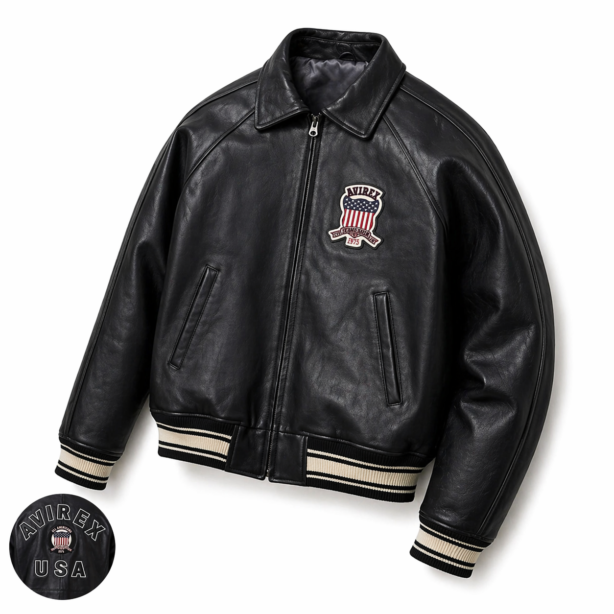 Men's Avirex Real Leather Jacket, Black Flight Bomber, American Varsity Style | Black