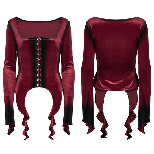 Punk Rave Leticia Burgundy Gradient Velvet Top with Feature Hooks and Eyes