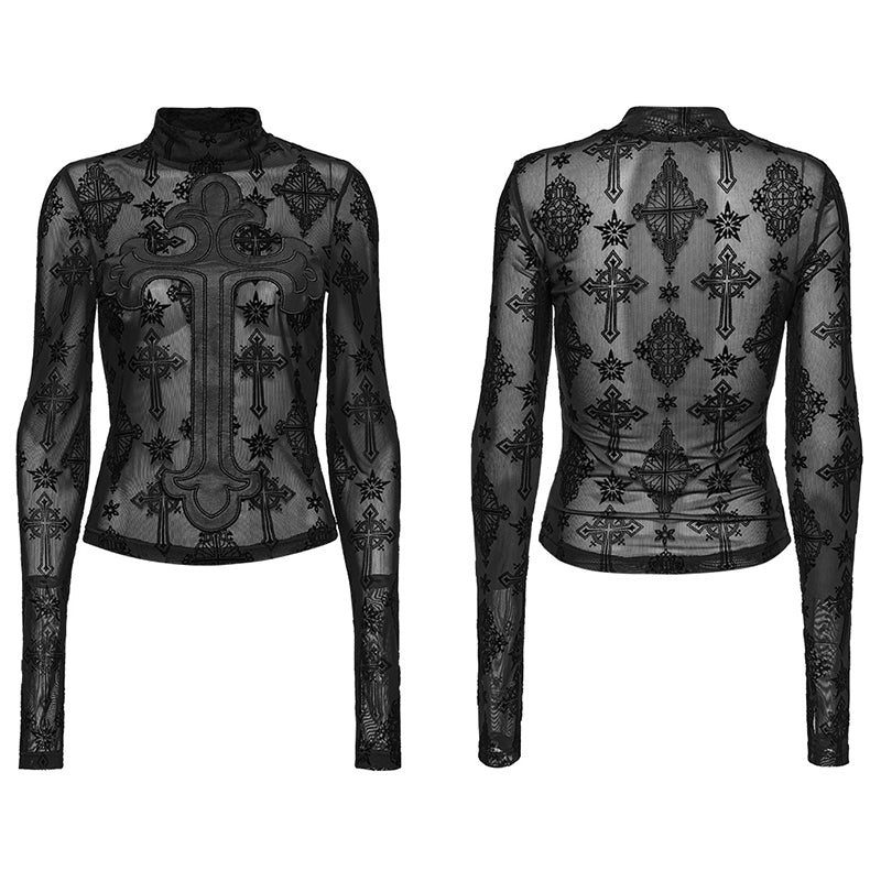 Punk Rave Morrigan Cross Embroidered Mesh Top