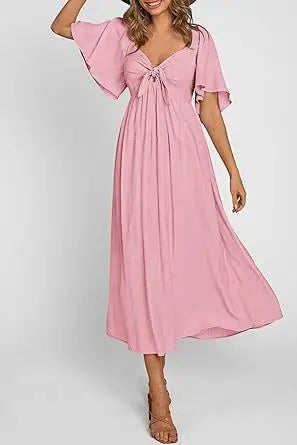 2025 Spring/Summer Women's Dress Fashion New V-neck Bow Fold Medium Length Short Sleeved Dress Printed Holiday Beach Long Dress