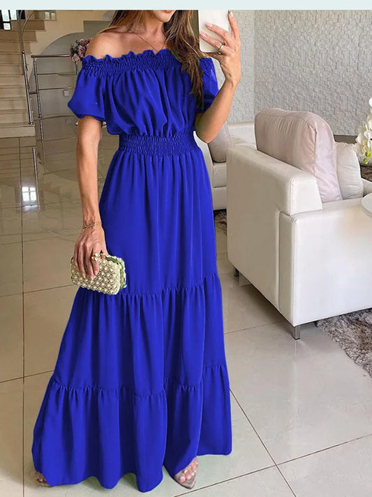 2024 Summer Solid Boho Dress Women Fashion Elegant Beach Party Dress Casual Slash Neck Office Maxi Dresses For Woman Robe Femme