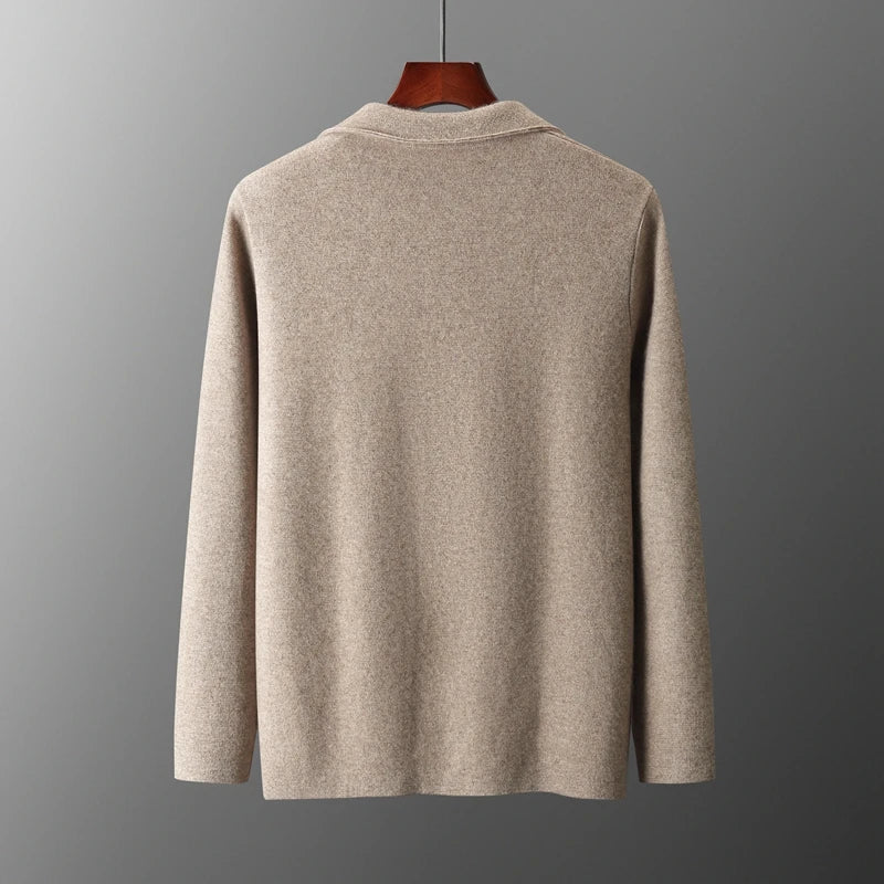 Autumn Winter New 100% Merino Wool Men's Suit Collar Knitted Cardigan Thickened Solid Color Suit Shirt Cashmere Sweater Jacket