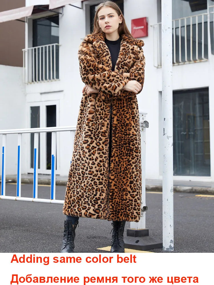High Street Leopard Print Long Faux Fur Coat Fluffy Jacket for Women Winter Faux Rabbit Fur Trench Coat Plush Jackets