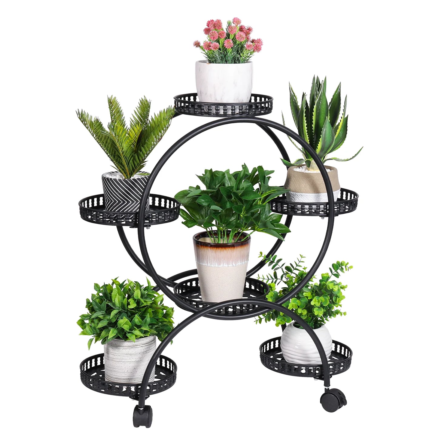 unho 6 Potted Metal Plant Stand Garden Cart Wrought Iron Flower Pots Rack Holder Display Shelf with Wheels for Patio Porch