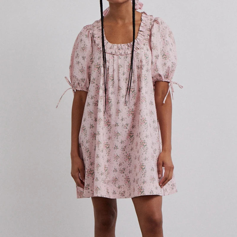 Vintage Floral Print Loose Fit A-line Dress Ruffle Trim Square Collar Puff Sleeve Nightgown Nightdress Y2K Cottage Fairy Dress