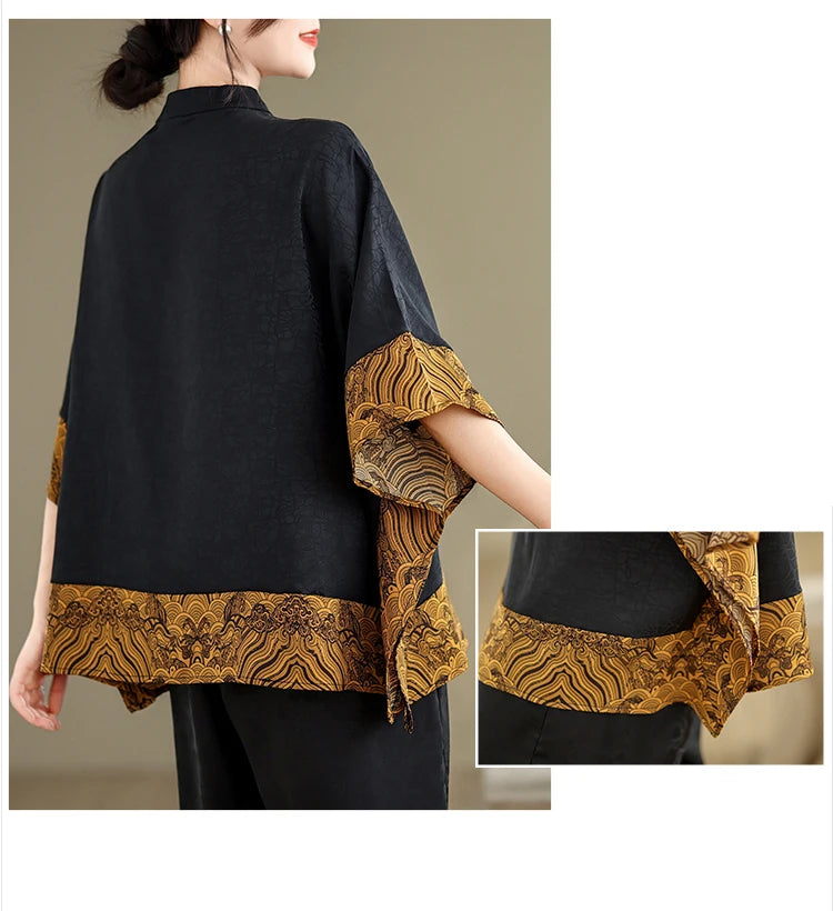 Mulberry Silk Chinese Style T-shirt for Women Spring Summer Fashion Vintage Patchwork Half Sleeve Cloud Embroidery Female Blouse