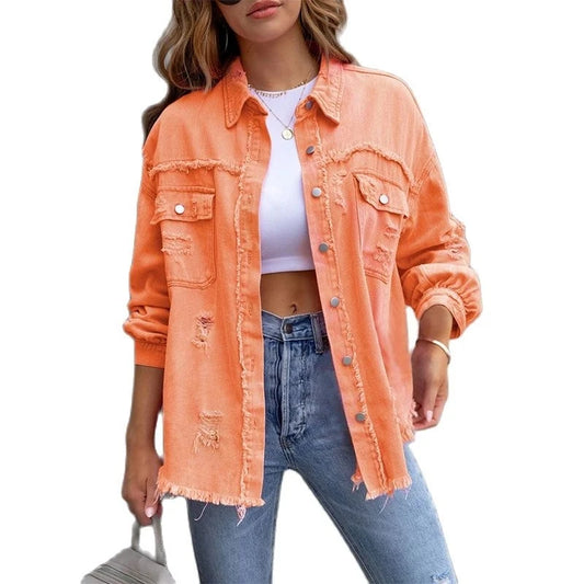 Raw-edges Denim Jacket Women Spring Autumn Shirt Style Jeans coat Casual Top Rose-Red Orange Purple Outerwear Lady Coat