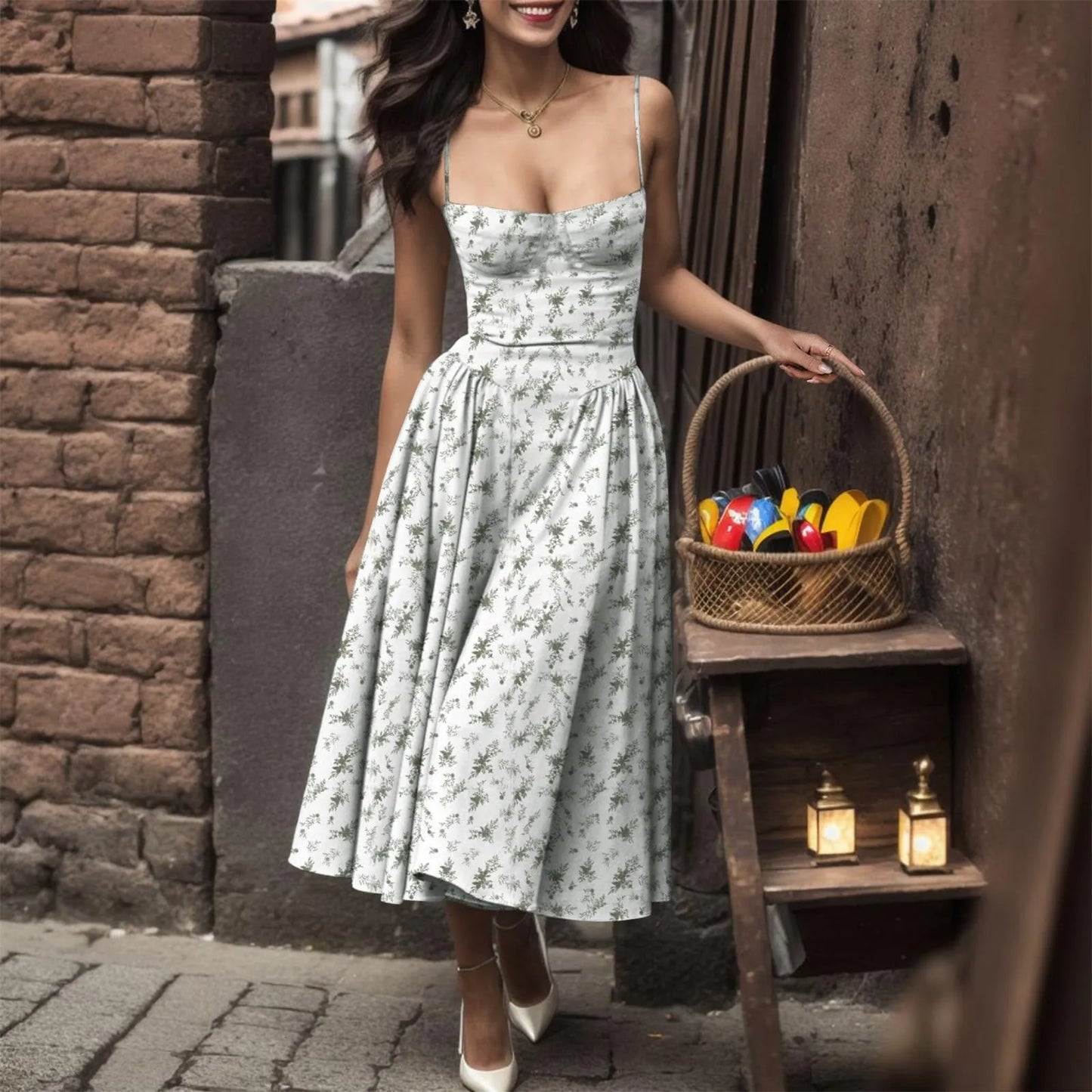 Floral Midi Women Sexy Dress Summer Square Neck Sleeveless Female Elegant Sexy Dresses Sundress Party Night Holiday Streetwear