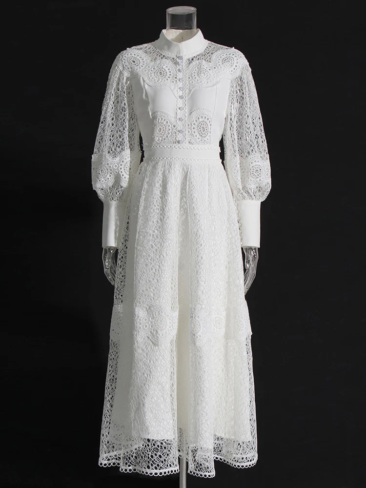Hollow Out Patchwork Embroidery Stand Collar Lantern Sleeve High Waist Elegant Dresses For Women