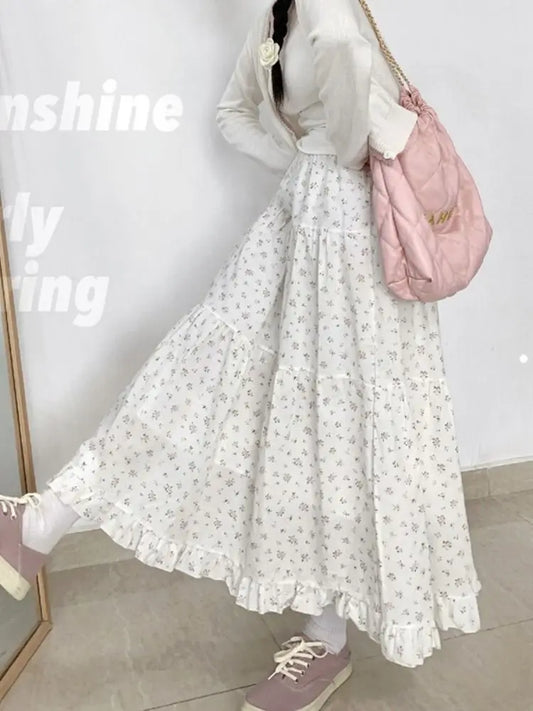 Floral A-Line Skirt for Women Summer 2024 Mid-Calf Length High Waisted Skirt Korean Streetwear Y2k Harajuku Skirt