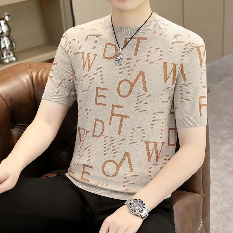 Trend Fashion Autumn Winter New Men O-Neck Letter Printing Korean Casual All-match Short Sleeve Slim Pullovers Knit T-shirt Tops