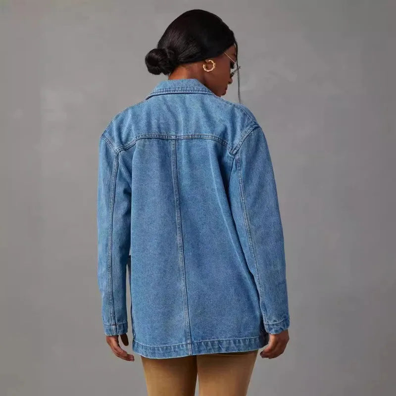 Retro Light Colored Heavy-duty Washed Denim Suit Jacket for Spring 2025, New Casual Semi Open Neck Women's Clothing