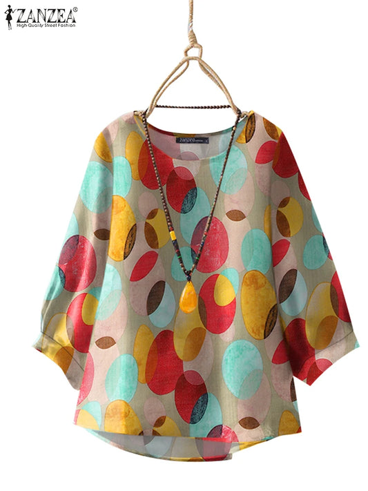 ZANZEA Vintage Polka Dot Blouse Fashion Summer 3/4 Sleeve Tops 2025 New Irregular Hem Round Neck Shirt Chic Holiday Colorful TOP