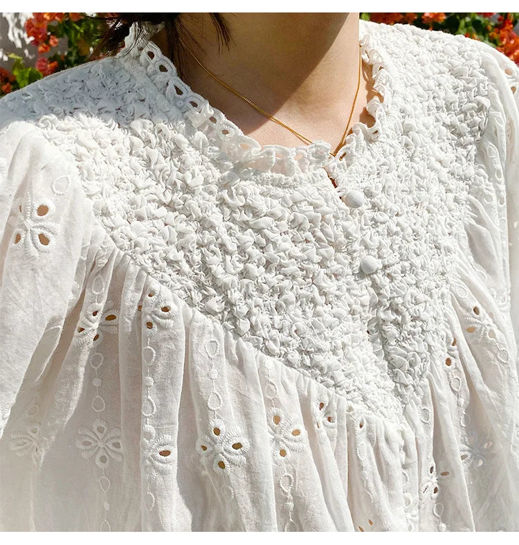 2025 Spring New Women's French White Shirt Splicing Lace Embroidery Design Ladies Shirt Long Sleeve Casual Holiday Beach Tops